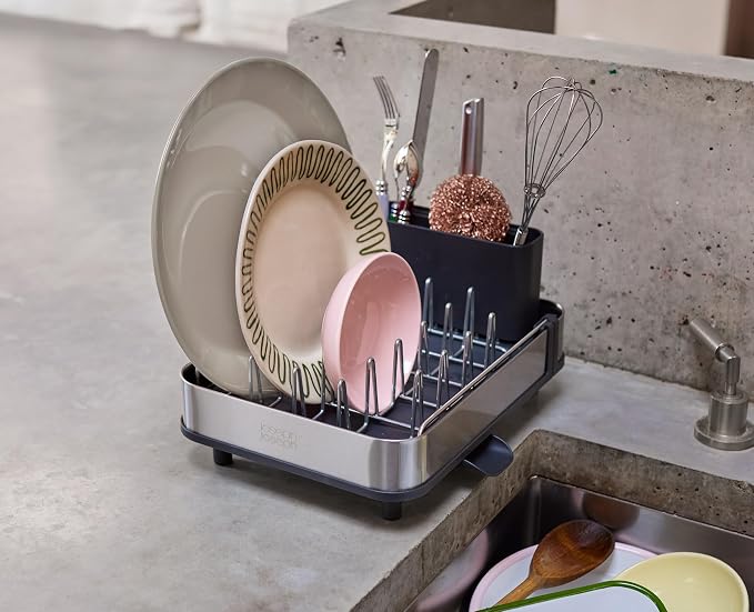 Joseph Joseph Extend Slim Steel Expandable Dish Drying Rack with Removable Cutlery Holder and Swivel Draining Spout, Compact Design, Grey - Image 3
