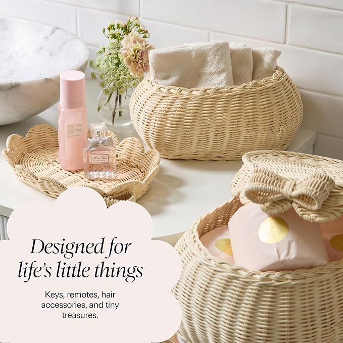BEBE BASK Original Scalloped Bow Basket with Lid - Set of 2 (15x11x6 In) | Award Winner, Handwoven Rattan, Scalloped Wicker Basket, Woven Baskets for Storage, Nursery Storage, Scallop Basket (Bow) - Image 6