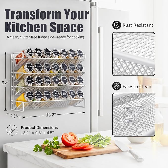 Magnetic Spice Rack Organizer for Refrigerator with 28 Spice Jars, 386 Spice Labels, 4 Hook, Chalk Marker and Funnel Set, Magnetic Shelf for Seasoning Organizer, 13.2'' W x 9.8 H, White - Image 3