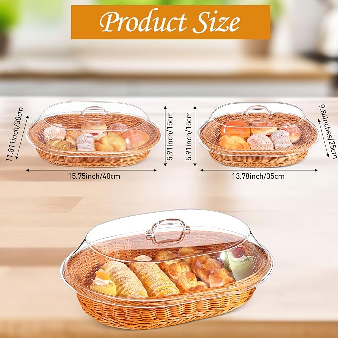 Hushee 2 Set Imitation Rattan Bread Basket with Lid Wicker Bread Baskets for Serving Woven Fruit Basket with Cover Oval Food Baskets for Food Vegetables Display(13.78 x 9.84 Inch, 15.75 x 11.81 Inch) - Image 2