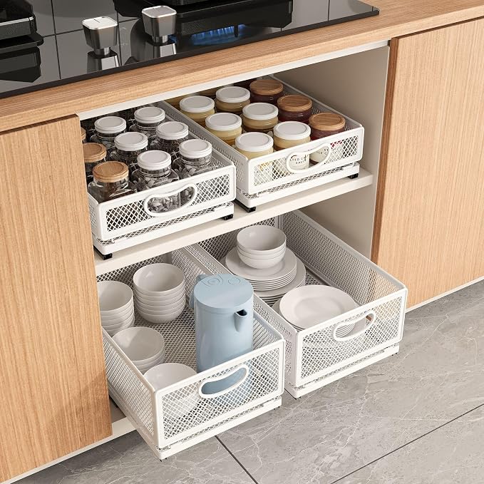 Sliding Cabinet Basket Organizer Drawer Self Adhesive Slide out Pantry Shelves Heavy Duty Carbon Steel Slide Cabinet Storage Basket with Handle for Bathroom Kitchen Home - Image 8