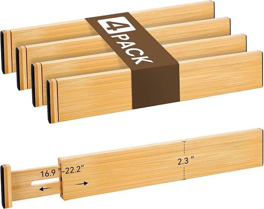 Adjustable Bamboo Drawer Dividers of 4, Expandable Organizers (16.9"-22.2") | Spring-Loaded Kitchen Drawer Organizer, Non-Slip Ends, 2.2" High, Easy Setup & Clean, for Kitchen, Dresser, Clothes, Bath by NCUE