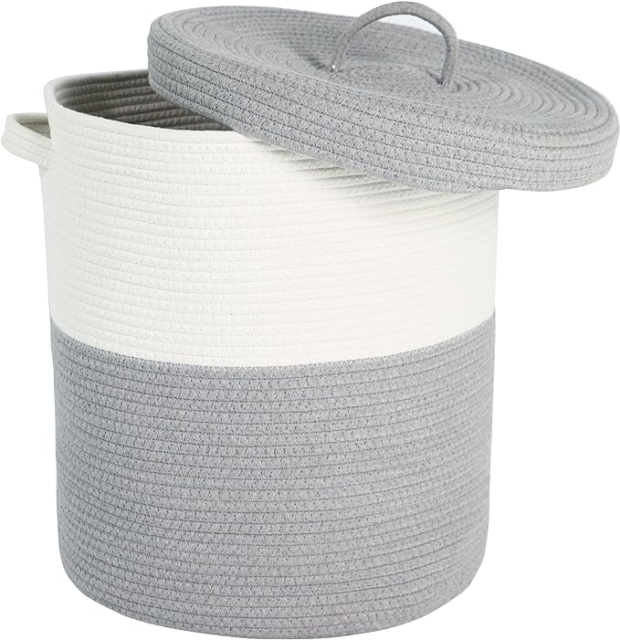 Large Storage Basket with Lid 60L, 16"Wx18"H Woven Laundry Hamper Basket with Handle, Room Decor Cotton Rope Wicker Basket Toy Organizer Bins for Clothes Blankets Pillows, Gray/White Mix includes Lid by JIABOLANG