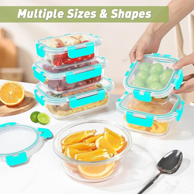 BAYZZ 24 Piece Glass Food Storage Containers with Lids, Airtight Glass Meal Prep Containers for Kitchen, BPA-Free Lunch Box, Microwave and Freezer Safe,Green - Image 5