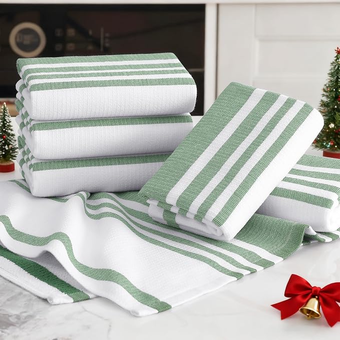 Homaxy Premium Cotton Stripe Kitchen Towels 6 Pack, 18"x 28", Grass Green | Large 380 GSM Kitchen Hand Towels, Soft Terry Dish Towels, Highly Absorbent Tea Towel Set with Hanging Loop - Image 5