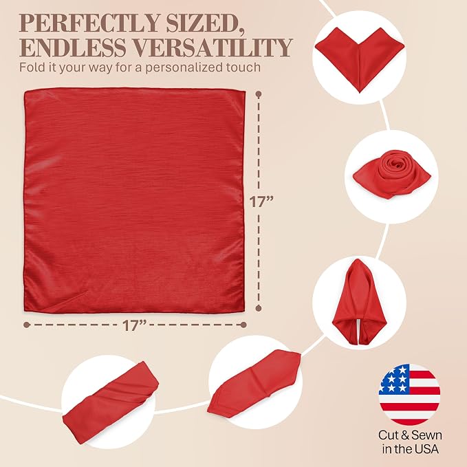 17x17-Inch Shantung Cloth Napkins, Holiday Red, Set of 60 | Bulk Case of 5 Dozen, Satin, Square, 100% Polyester Fabric, Reversible, Faux Dupioni Silk Reverse Side, Machine Washable - Image 6