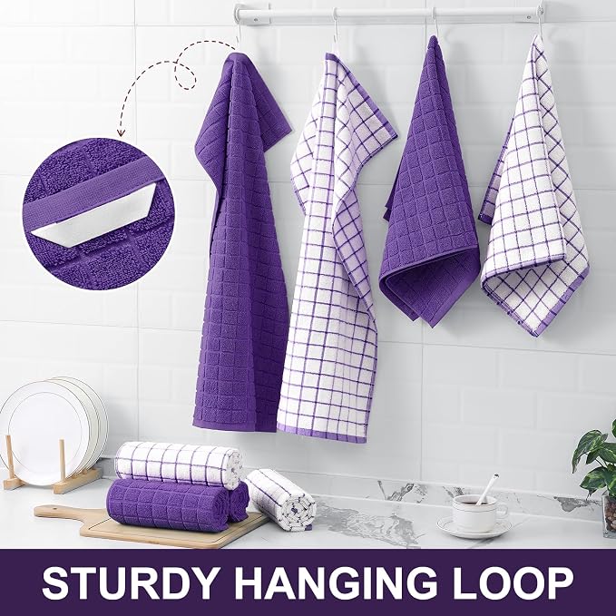 Homaxy Large Premium Cotton Kitchen Towels 16"x 28", 12 Pack, Purple | Natural Ring Spun 390 GSM Dish Towels, Super Absorbent Terry Kitchen Hand Towels, Soft Tea Towels with Hanging Loop - Image 6