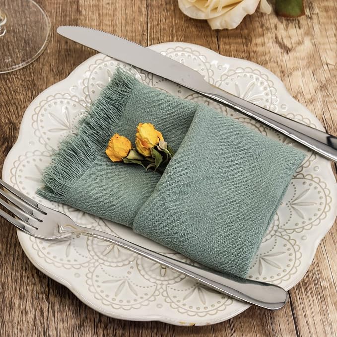 Handmade Cloth Napkins with Fringe,18 x 18 Inches Cotton Linen Napkins Set of 12 Versatile Handmade Square Rustic Fringe Napkins for Dinner, Wedding and Parties, Sage - Image 4
