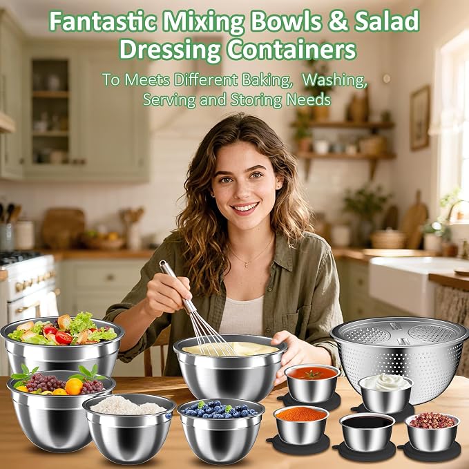Mixing Bowls with Lids Set, 27Pcs Stainless Steel Nesting Mixing Bowls Set for Kitchen Cooking & Storage, Metal Salad Bowls with Colander, Strainer, Grater & Dressing Containers, Kitchen Gadgets Black - Image 4