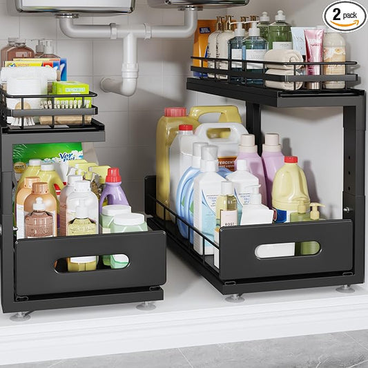 Under Sink Organizer Upgrade To Professional Rails,2-Tier Dual Pull Out Cabinet Storage,Height Adjustable Slide Out Drawers For Bathroom Kitchen,2 Pack-18.5"Dx12.8"-16.9"H,Black by UnderSinkOrganizer