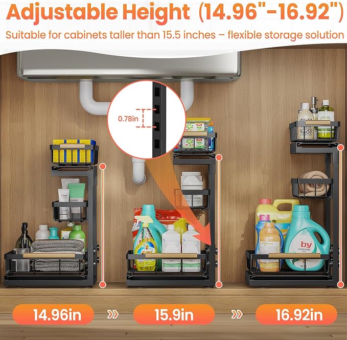 Under Sink Organizer and Storage for Bathroom and Kitchen - 2 Pack 3 Tier | Under Cabinet Pull Out Shelf Organizers - Slide Out Drawer Organization for Home Cabinets Shelves and Drawers - Image 6