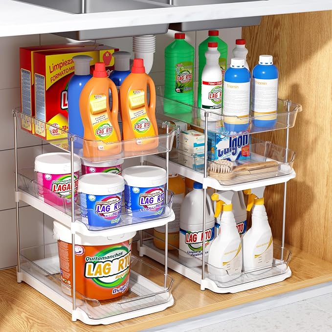 Delamu 2 Sets of 3-Tier Bathroom Under Sink Organizers and Storage, Multi-Purpose Stackable Pantry Organization and Storage, Pull Out Clear Kitchen Bathroom Cabinet Organizer with Movable Dividers | Storage - Image 7
