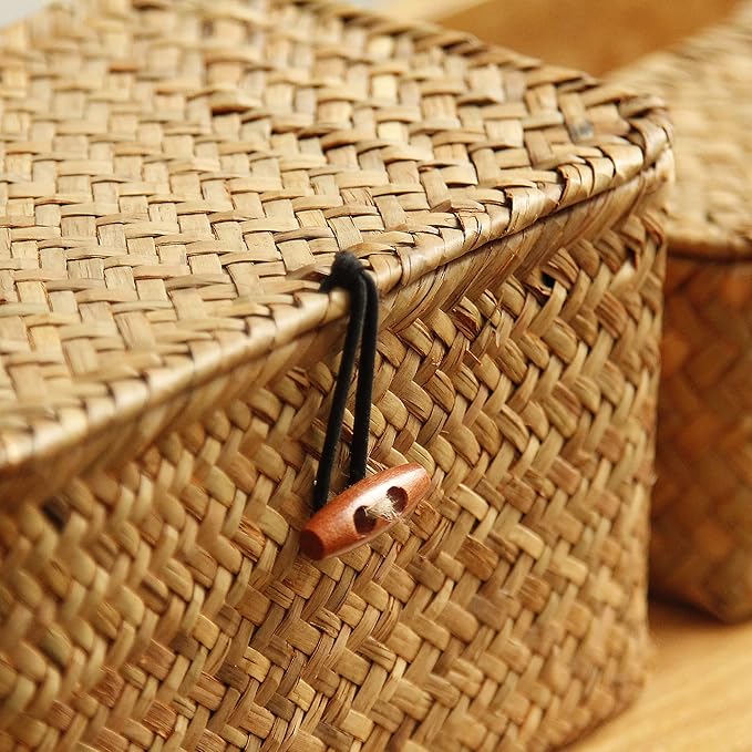 FEILANDUO Shelf Baskets with Lid Set of 3 Handwoven Seagrass Storage Box Wicker Basket Desktop Makeup Organizer Multipurpose Container (Original (S/M/L) - Image 3