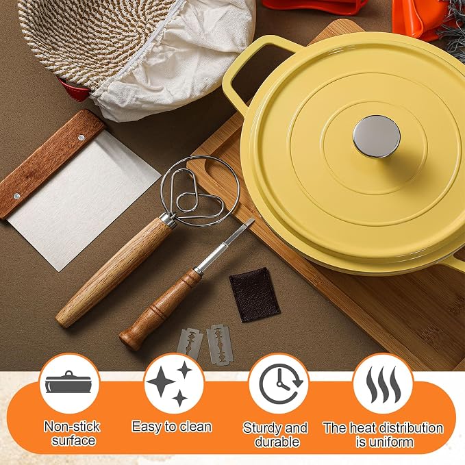 Honeydak 7 Pack Sourdough Bread Baking Supplies Kit Includes Dutch Oven for Bread Baking 5qt Pan Pot, Bread Proofing Basket, Scoring Lame, Dough Whisk - Image 4