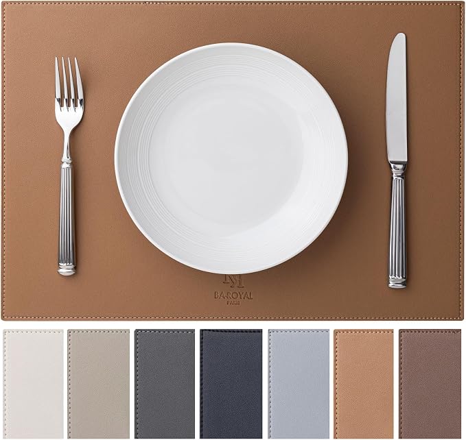 Baroyal Faux Leather Placemats Set of 4 Vinyl Washable Wipeable Table Mats for Kitchen Dining Table Heat Resistant Waterproof Indoor/Outdoor Placemats Non-Slip Easy Clean Place Mats (British Khaki) by BAROYAL