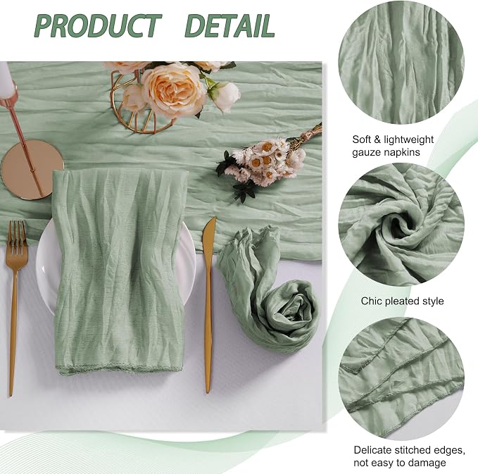 LZY 120 Pack Gauze Cheesecloth Napkins 20x20 Inch Dinner Cloth Napkins, Soft Boho Table Napkins Rustic Wrinkled Cheese Cloth Napkins Bulk for Wedding Party Baby Shower Event Decor (Sage Green) - Image 4