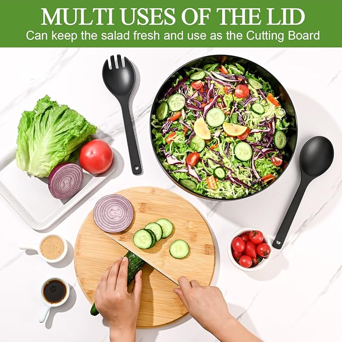 LOVYANXUE Salad Bowl with Lid, 12" Extra Large Bamboo Fiber Salad Bowl with Servers Set for Kitchen, Nature Bamboo Mixing and Serving Bowl with Lid, Spoon and Fork for Fruits,Salads and Vegetables - Image 3