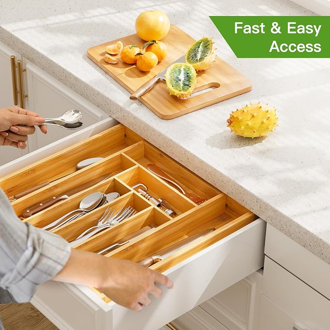 Pipishell Bamboo Expandable Drawer Organizer for Utensils Holder, Adjustable Cutlery Tray, Wood Drawer Dividers Organizer for Silverware, Flatware, Knives in Kitchen, Bedroom, Living Room(M-N) - Image 7
