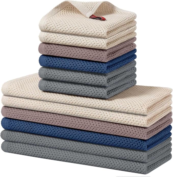 Homaxy 12 Pack 100% Cotton Kitchen Towels and Dishcloths Set, Multi-Color | 12 x 12 Inches and 13 x 28 Inches Kitchen Towels Set, Ultra Soft Absorbent Dish Cloths for Washing Dishes by Homaxy