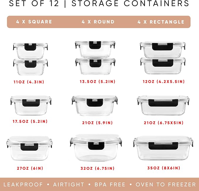 JoyJolt 24pc Borosilicate Glass Storage Containers with Lids | 12 Airtight/Freezer Safe Food Storage Containers for Pantry and Kitchen | Meal Prep Container for Lunch | Glass Tupperware Set - Image 9