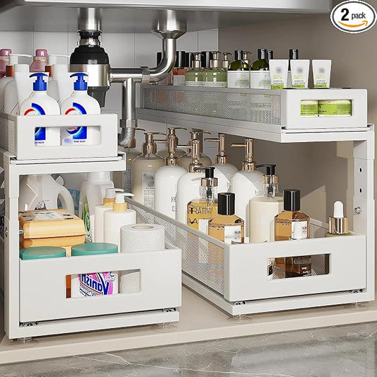 2 Pack 21.3IN-Depth Under Sink Organizer With Next-Gen Ball-Bearing Slides,2-Tier Pull Out Cabinet Storage,Height Adjustable Drawer Shelf for Bathroom,Kitchen,Laundry,Cabinet,Pantry-White by Corbyles