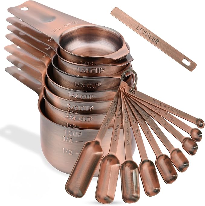 Copper Measuring Cups and Spoons Set 17, Stainless Steel Measuring Cups and Spoons for Dry & Liquid, Metal 7 Measure Cup and 9 Measure Spoon with 1 Leveler for Kitchen & Baking by Kalsreui