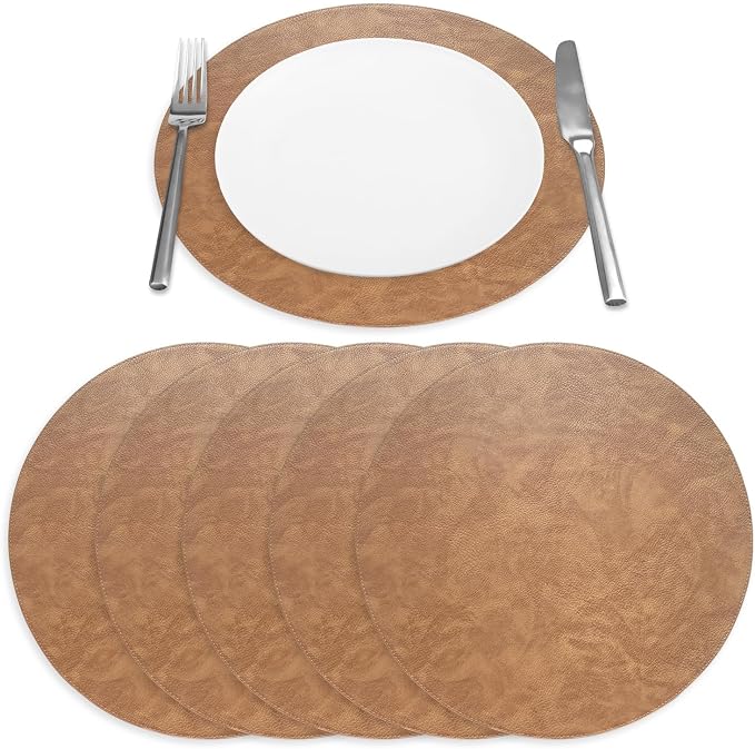 Placemats Set of 6 – Round 15” Faux Leather Table Mats for Dining, Heat Resistant & Non-Slip Washable Table Decor, Indoor, Outdoor, Dining Table Set for 6, Modern Kitchen & Holiday Use, Camel - Image 6