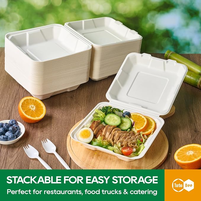 Turbo Bee 100 Pack 8x8inch White Compostable Take Out Containers with Lids, Disposable Clamshell Food Containers, Large To Go Boxes for Restaurant, Catering, Meal Prep & Food Service-White - Image 5
