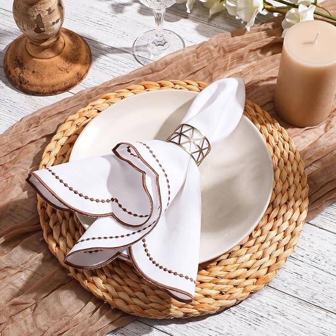 Hahafelt Cloth Napkins 18x18inches Scalloped Embroidery Cloth Napkins Washable Polyester Table Dinner for Hotel Restaurant Weddings Events Parties(Rust Red,6 Set) - Image 3