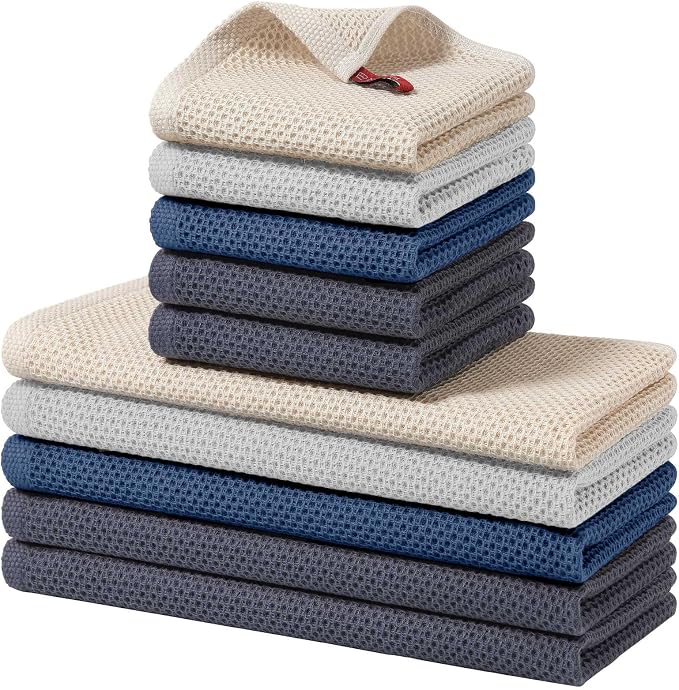 Homaxy 10 Pack 100% Cotton Kitchen Towels and Dishcloths Set, Assorted | 12 x 12 Inches and 13 x 28 Inches Kitchen Towels Set, Ultra Soft Absorbent Dish Cloths for Washing Dishes by Homaxy