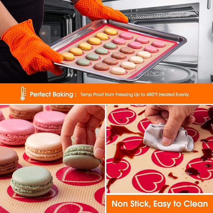 Silicone Macaron Baking Mat Kit - (30 in 1) Macaroon Baking Mat Heart Set,2 Half Sheet Macaron Silicone Mat,1 Egg Separator,1 Pastry Brush,1 Spatula,6 Frosting Tips,12 Piping Bags - Image 3