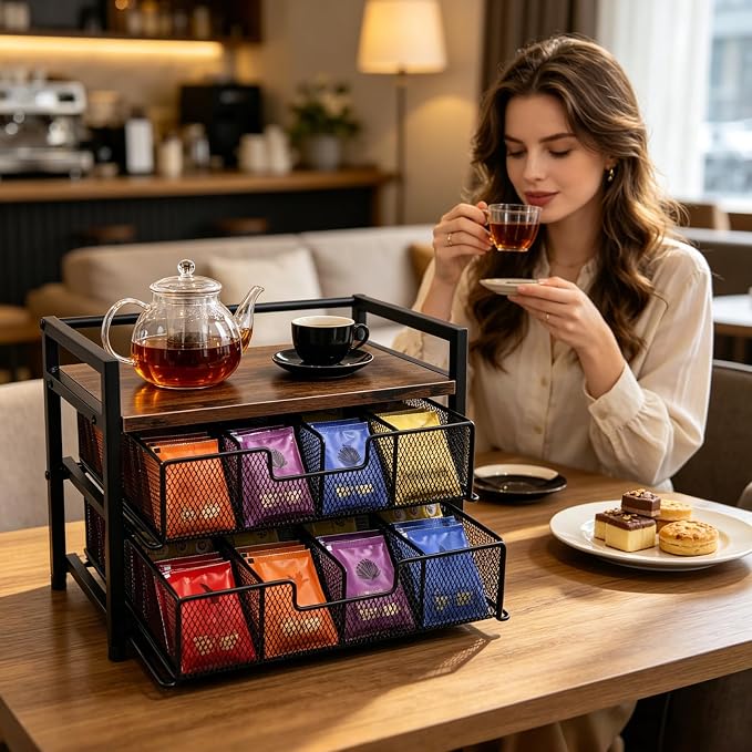 Double Drawer Tea Bag Organizer with 16 Compartments Tea Box | wood and metal frame,Smooth sliding drawers, compact for counter/desk, natural wood finish, for kitchen office coffee station - Image 6