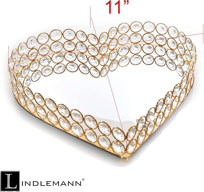 Heart Shaped Decorative Tray Metal Crystal Vanity Trays Glass Mirror Perfume Organiser Makeup Jewelry Trinket Holder for Party & Holiday Home Decoration (Heart, 11in, Gold) - Image 2
