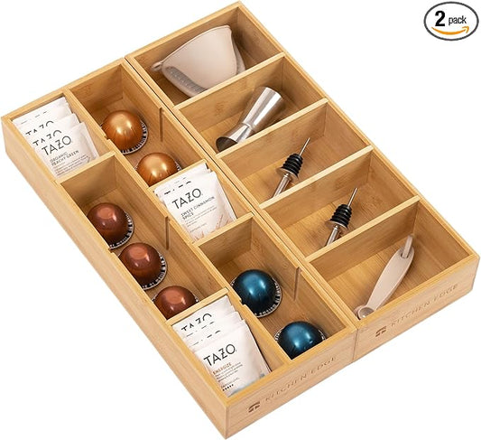 Utensil & Tea Bag Drawer Organizer, Bamboo | 14-compartment design, removable dividers, non-slip feet, sustainable bamboo by KitchenEdge