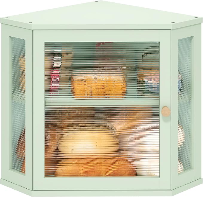 Corner Bread Box for Kitchen Countertop, Bamboo Wood Green Bread Box, Large Capacity Bread Storage Bin with Acrylic Wavy Door Panel by VIEWCARE