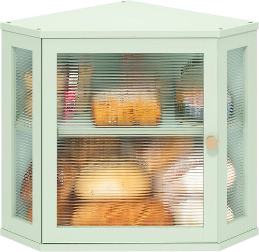 Corner Bread Box for Kitchen Countertop, Bamboo Wood Green Bread Box, Large Capacity Bread Storage Bin with Acrylic Wavy Door Panel by VIEWCARE