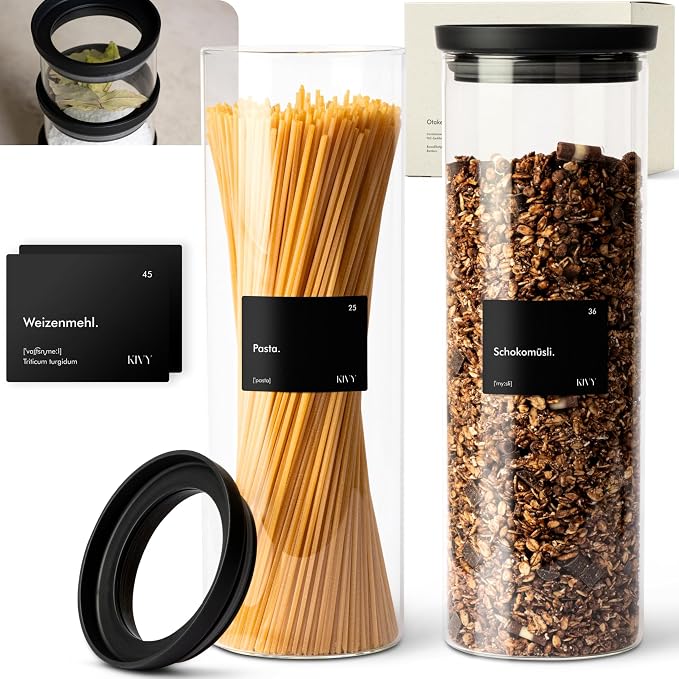 KIVY Airtight glass jars with transparent Glass Lid [2x 60oz] Glass airtight food storage containers - Pasta containers storage - Spaghetti container - Pasta containers for pantry flour Jar by KIVY