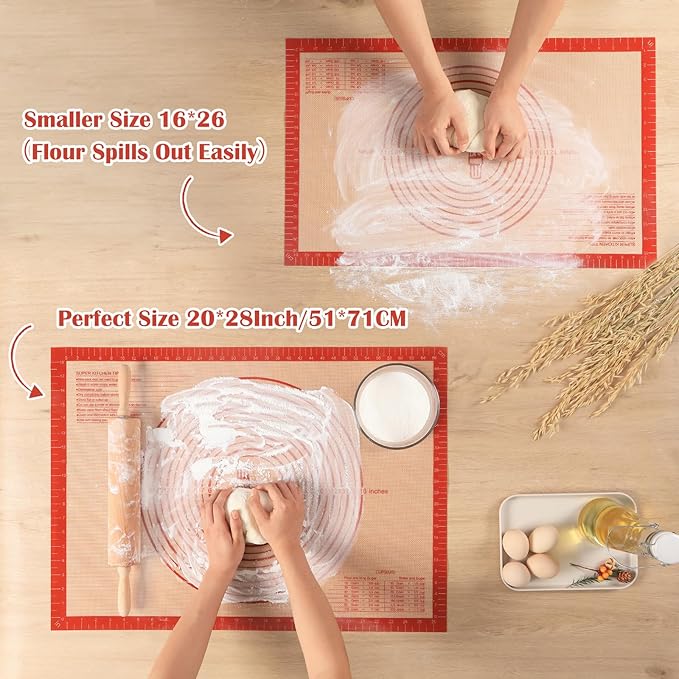 Non-slip Silicone Pastry Mat Extra Large Measurements 28''x 20'' Baking Mat | Silicone Baking Mat Counter Dough Rolling Oven Liner Fondant / Pie Crust Sourdough Bread Supplies - Folksy Super Kitchen Red - Image 2