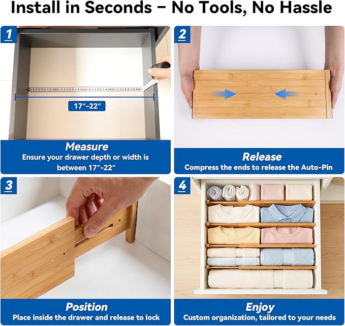 4 Pack Deep Drawer Dividers, 6" High Bamboo Expandable Drawer Organizers, 17-22" Adjustable Tension Separators, Large Drawer Dividers for Kitchen, Bedroom Dresser, Baby Nursery & Bathroom - Image 5
