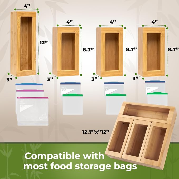 Bamboo Storage Bag Organizer for Drawer, 4 Blocks – Plastic Bag Organizer | Modular Kitchen Organization, Quick Refill – Fits Gallon, Quart, Sandwich & Snack Size Bags - Image 3