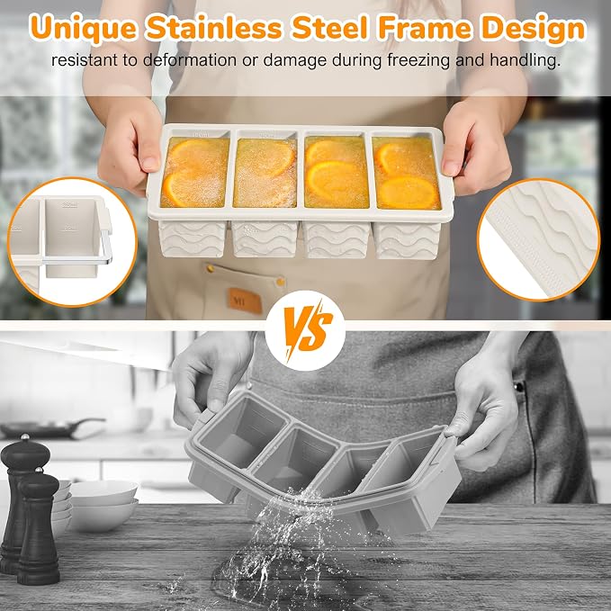 Silicone Freezer Trays with Lid (4-Pack), 1-Cup, 2-Cup, 1/2-Cup & 2-Tbsp Silicone Freezer Molds, Stackable Soup Freezer Meal Prep Containers,Ice Cube Tray for Making Sauce,Smoothies,Yogurt Bites - Image 3