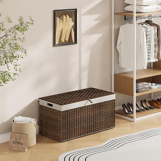 HOOBRO Storage Basket with Lid, 52.8 Gallon (200L) Wicker Basket, Handwoven Blanket Storage Basket with Handles, Metal Frame and Soft Lining, Foldable for Bedroom, Laundry Room, Brown BR220CW01 - Image 4