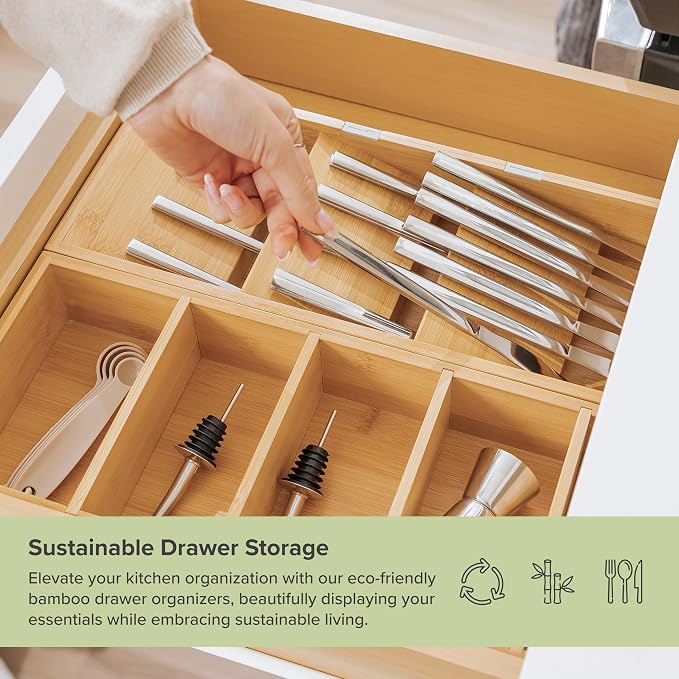 Slanted Silverware & Utensil Organizer, 2 Pack, Bamboo | 3-compartment slanted design, labeled slots, non-slip feet, sustainable bamboo - Image 5