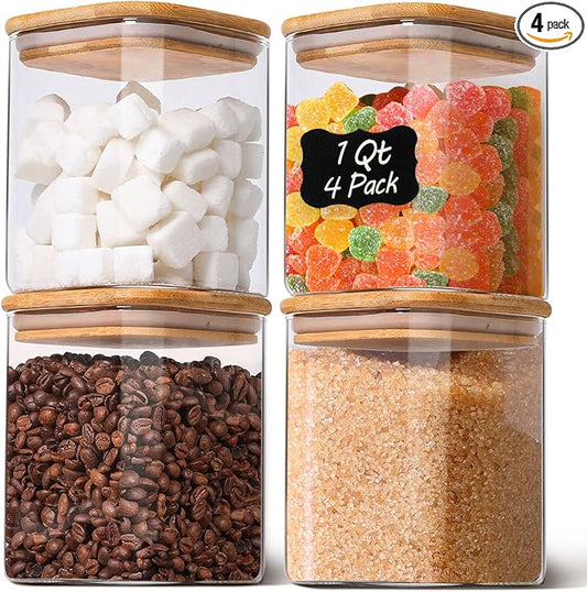 Glass Pantry Storage Containers with Bamboo Lids 1Qt 4 Pack Square | Pantry Organization, Coffee Beans Flour Sugar Pasta Cereal Dry Food Storage, Labels Included, Kitchen Organization by KTMAMA
