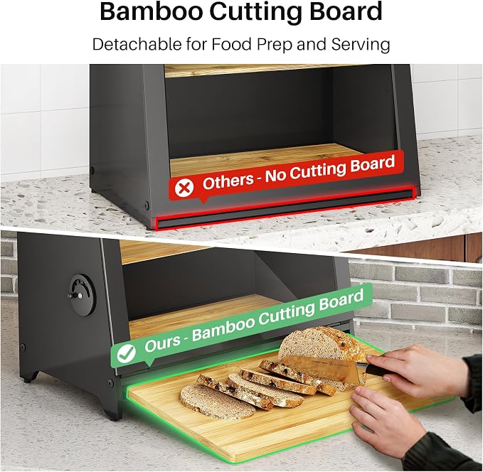 SNTD Airtight Bread Box for Kitchen Countertop, Bamboo Cutting Board, Black | Adjustable Vent Hole, Sorted Storage, Natural Wood, Magnetic See-through Door, Metal Frame, Homemade Bread Storage Container - Image 6