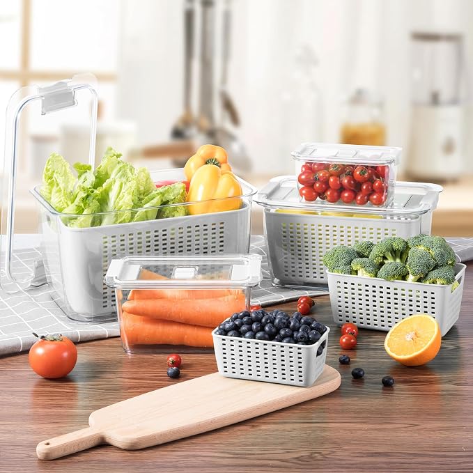 LUXEAR 4 Pack Fruit Vegetable Containers for Fridge, Produce Saver Container with Lids &Removable Colander BPA-free Refrigerator Storage Organizer for Fruit Vegetable, Berry, Meat keep Fresh Longer - Image 8