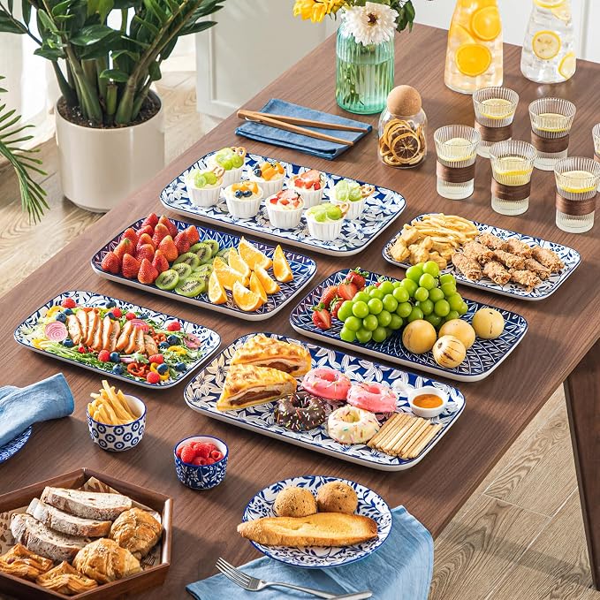 vancasso Serving Platters Set of 3, 16"/14"/12" Inch Rectangular Trays + Ceramic Mixing Bowls with Lids Set of 4,Ceramic Serving Bowls,Nesting Bowls for Food Storage - Image 4