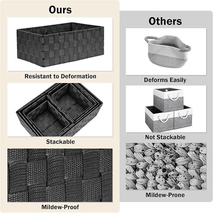 Storage Baskets with Lids: 6 Pack Stackable Woven Storage Bins, Black | Decorative Woven Baskets for Organizing with Built-In Handles for Shelves, Closets, Cabinets and Cubbies, Gift Small Basket - Image 5