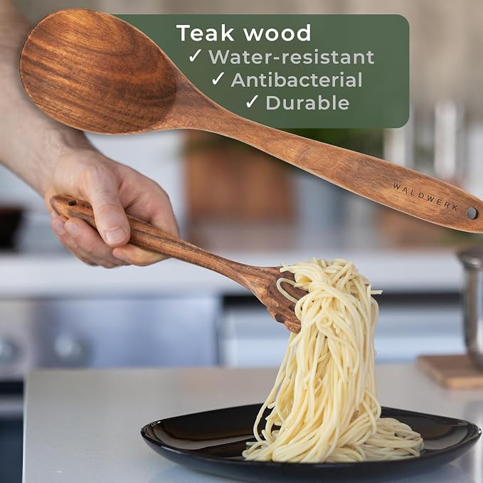 WALDWERK Wooden Spoons for Cooking – 9-Piece Kitchen Utensils Set with Spatula, Tongs, Whisk, Wooden Spoons & Pasta Server – Wooden Utensil Set – Utensil Sets - Cooking Utensils - Non Toxic - Image 4
