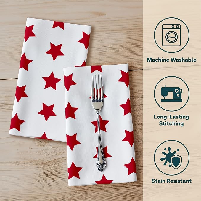 Red Stars Cloth Napkins | 4th of July Table Decorations | Memorial Day, Independence Day Table Decorations | Absorbent, Washable, Reusable, Stain & Wrinkle Resistant | Made in America - 6pack - Image 2